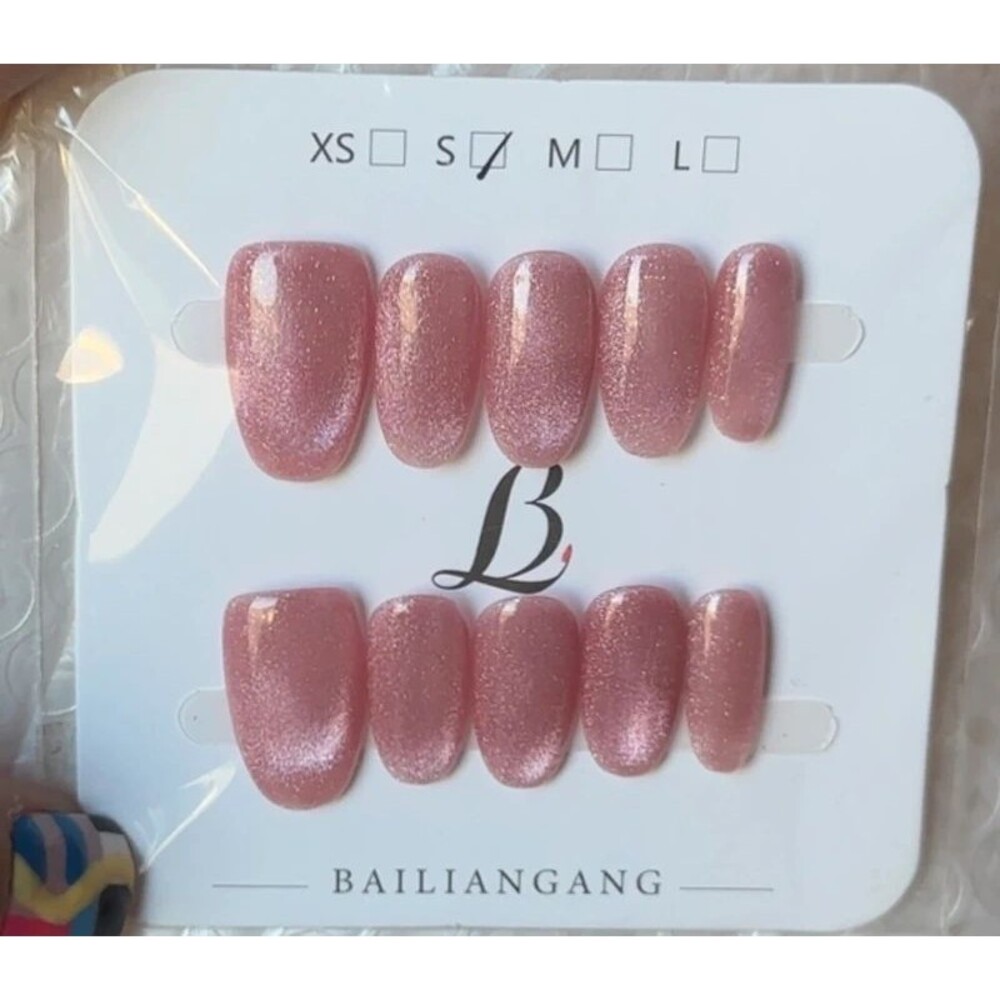 Pink Cat Eye Short Round Press On Nails Size Small